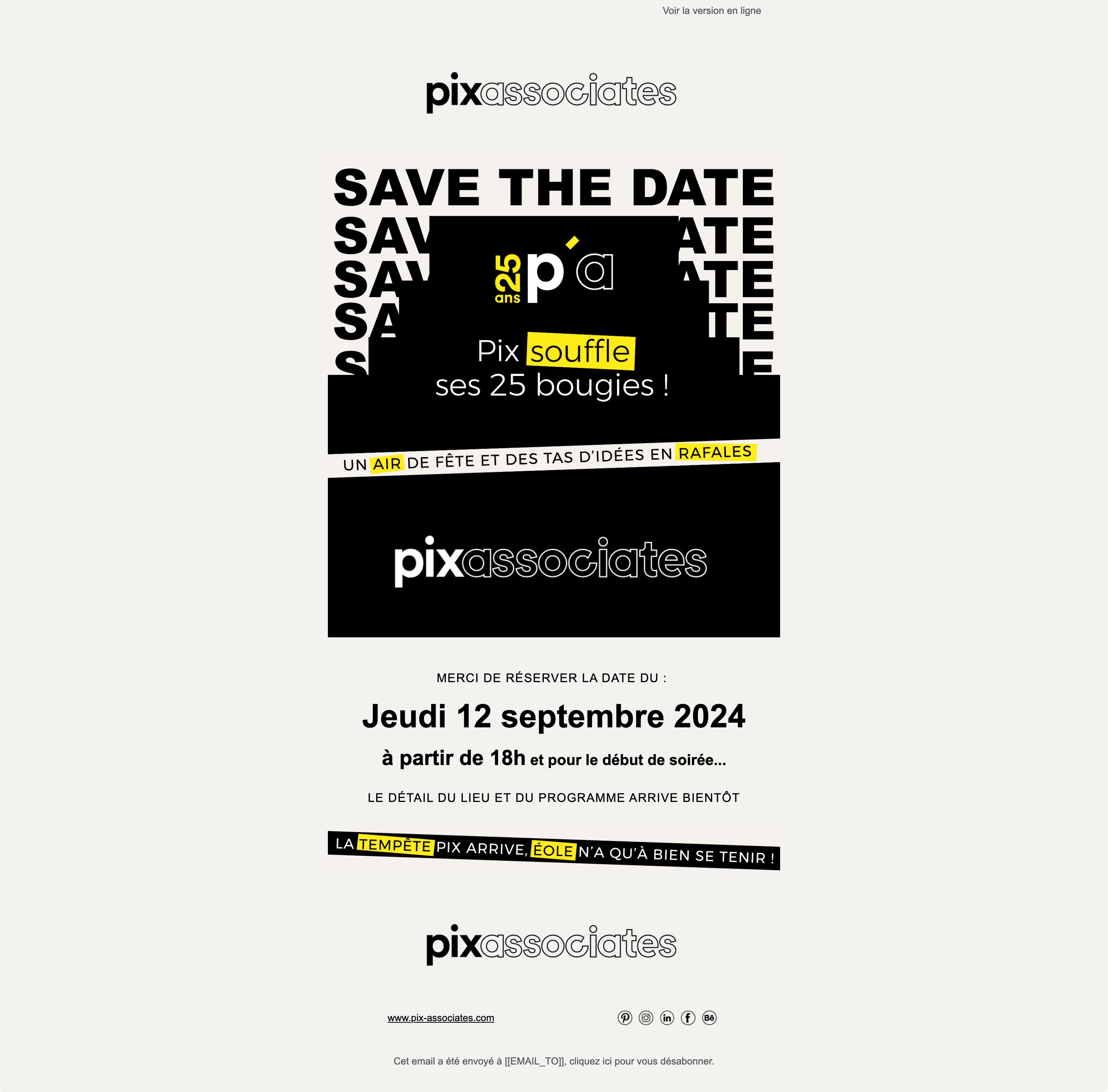 Capture du rendu du composant Pix Associates - Save the date 25 ans