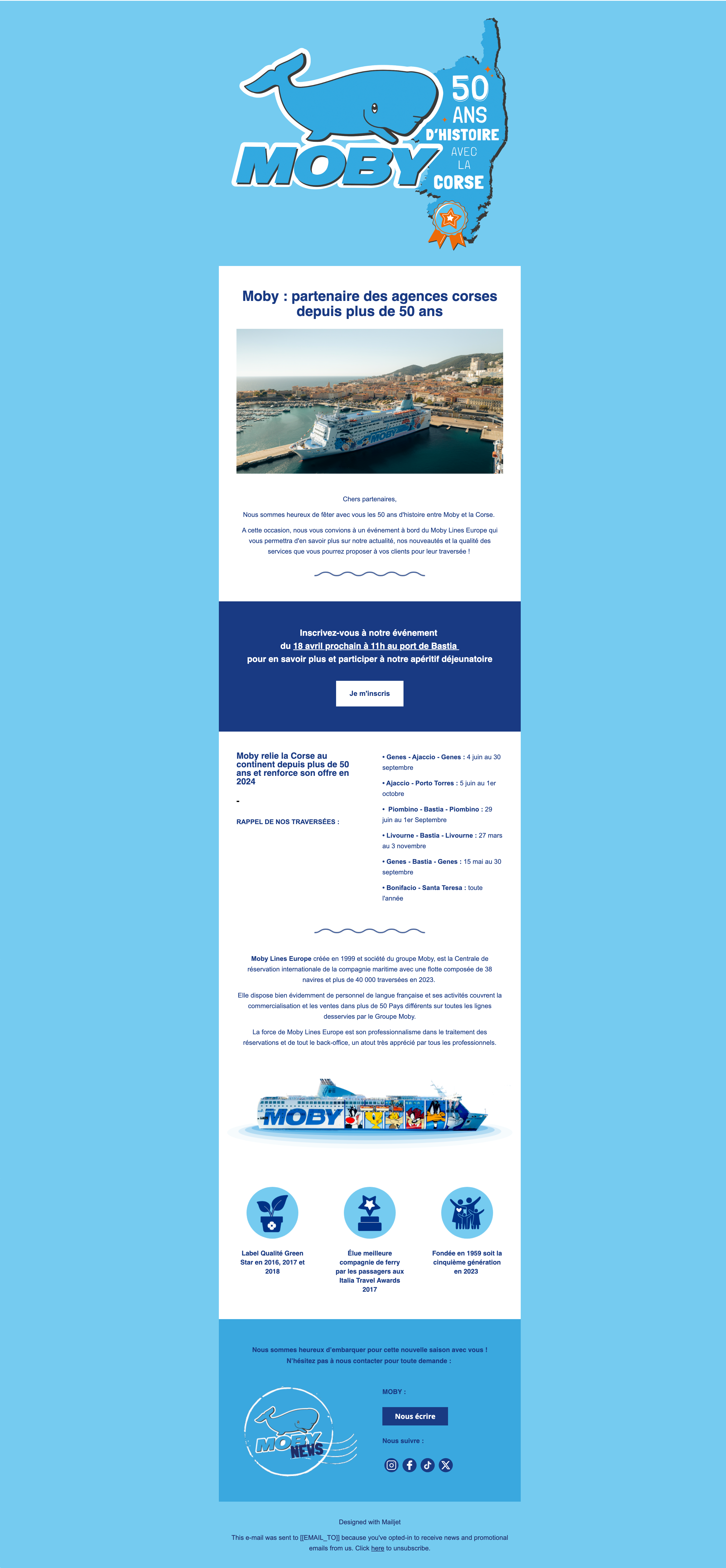 Capture du rendu du composant Moby Lines - Newsletter évènement Corse